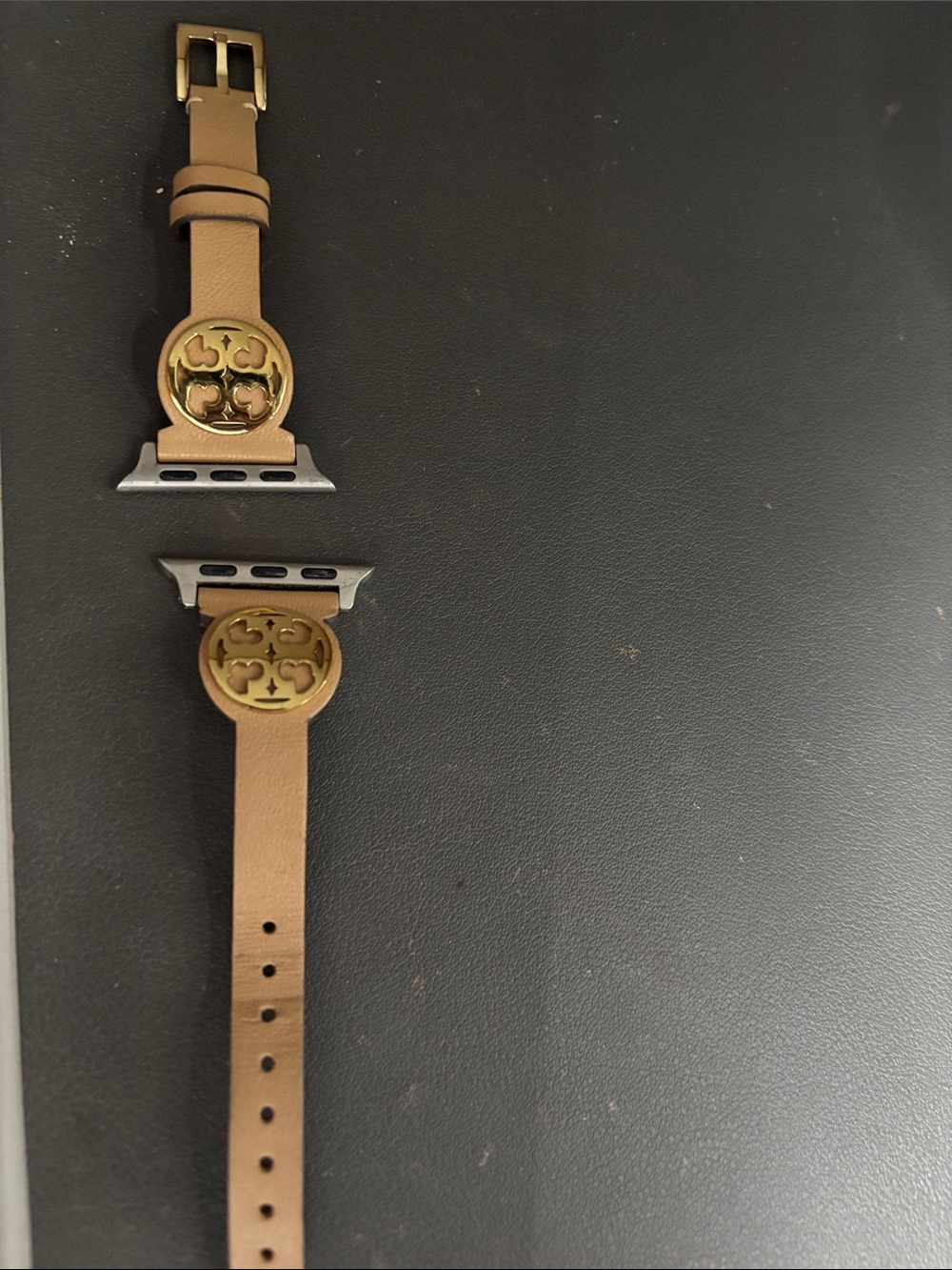 Tory Burch Brown Leather Apple Watch Band with Gold Logo Medallions